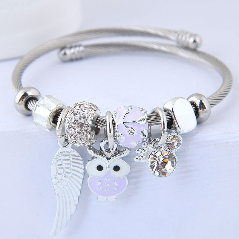 DIY Beaded Cute Owl Angel Wings Pendant Stainless Steel Bracelet