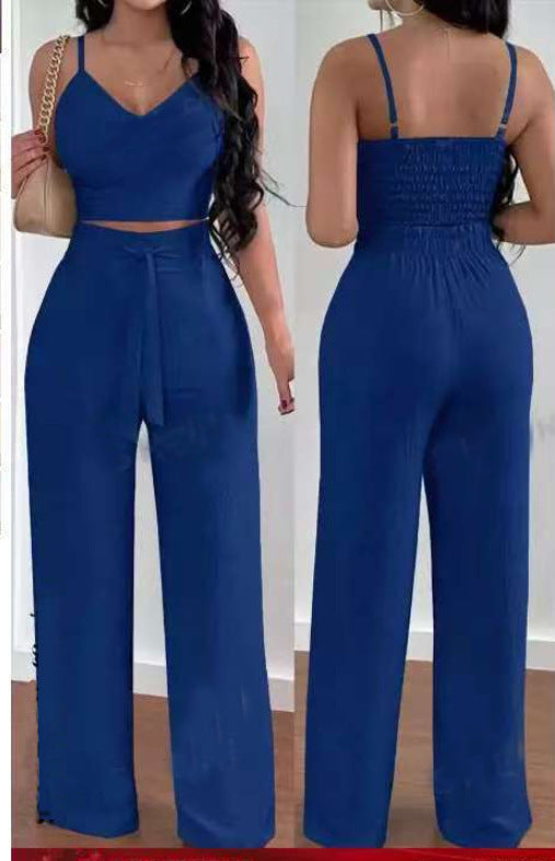 Women's Solid Color Slim Elastic Pleated Two-Piece Suit Sexy Spaghetti Strap V-neck Backless Vest High Waist Wide Leg Pants Suit